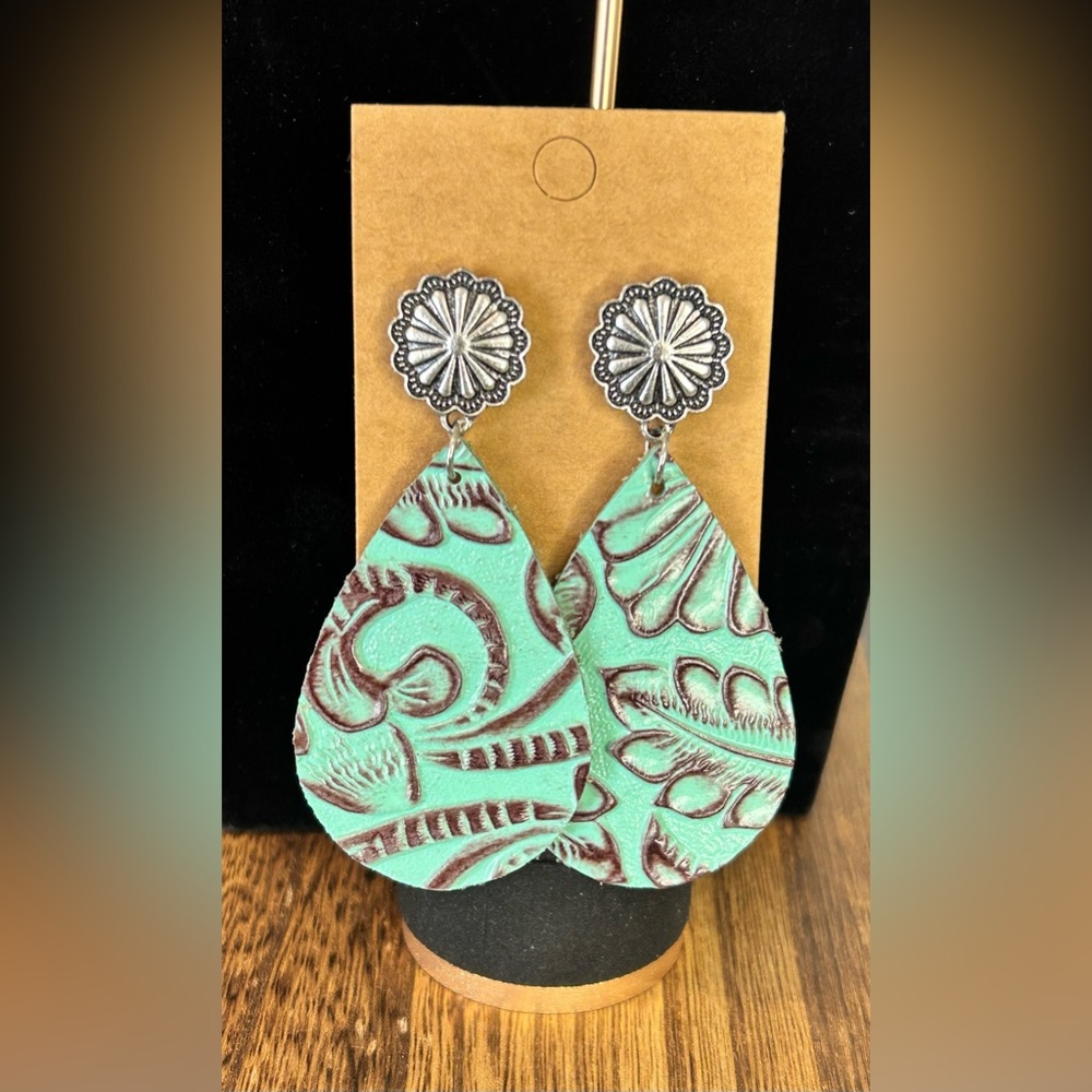 #408 - Concho Turquoise Embossed Leather Post Earrings